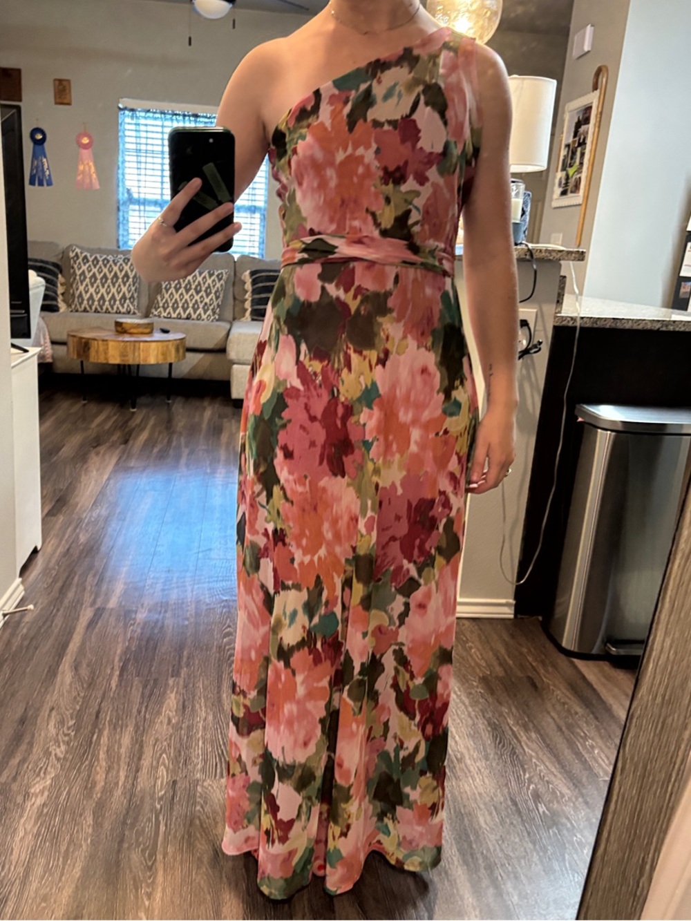 One-Shoulder Floral Maxi Dress in Pink and Green